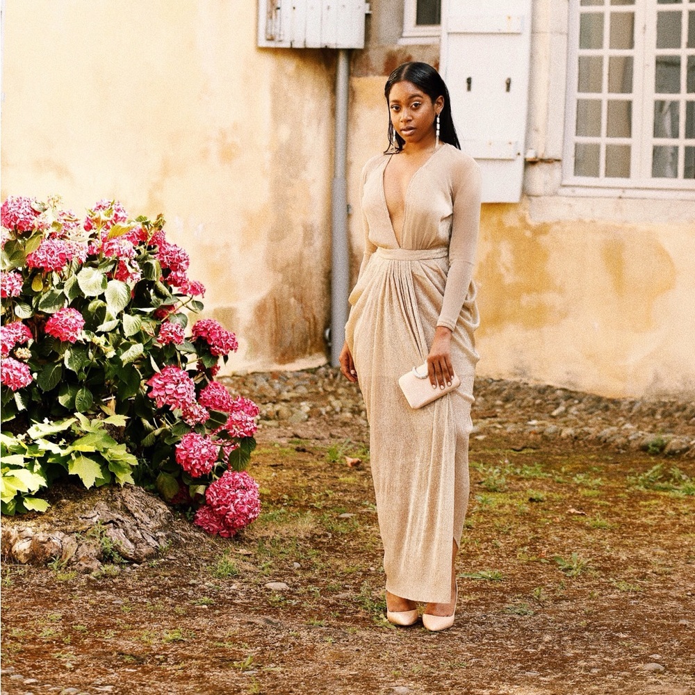 House of CB blanca nude shimmer sheer chiffon maxi dress